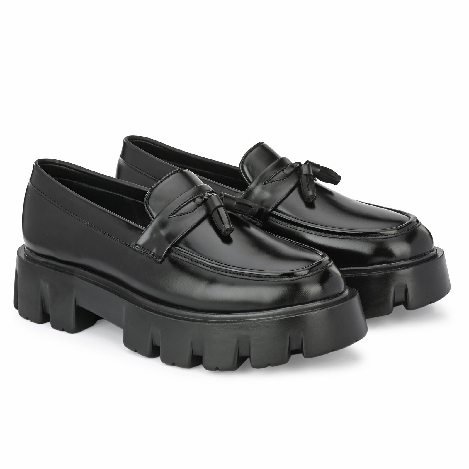 Attitudist Glossy Black High Heel Tassel Loafers For Men - ATTITUDIST