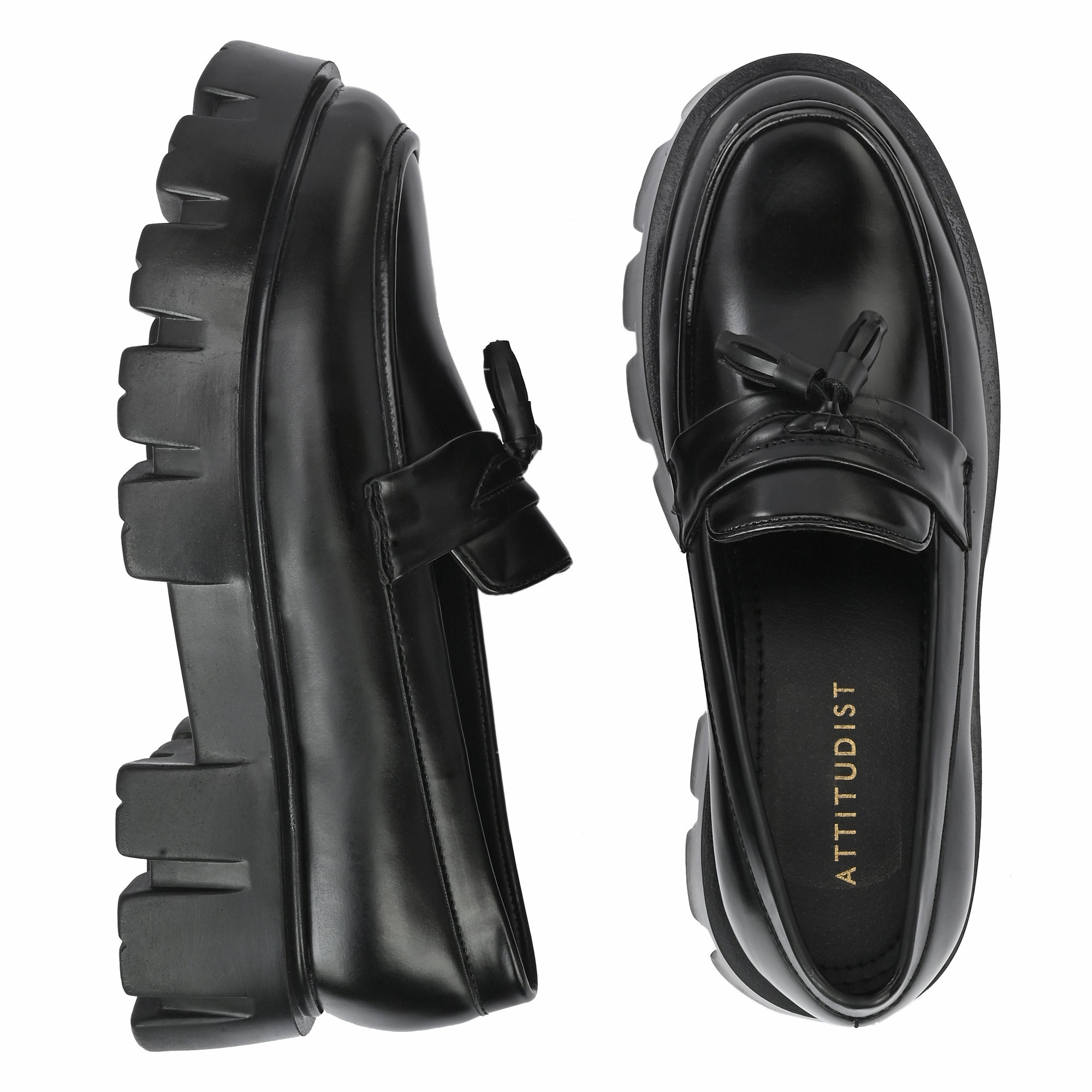 Attitudist Glossy Black High Heel Tassel Loafers For Men ATTITUDIST