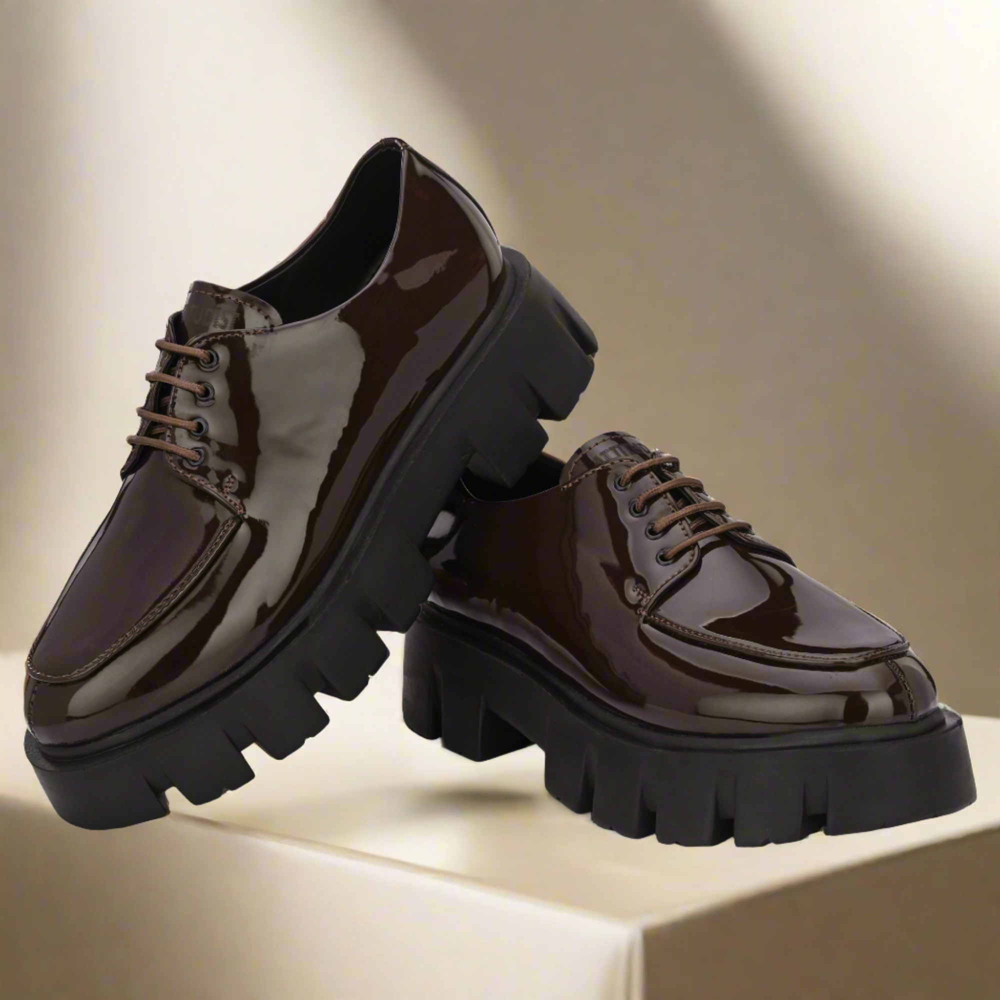 Attitudist Unisex Glossy Brown High Heel Derby Shoes