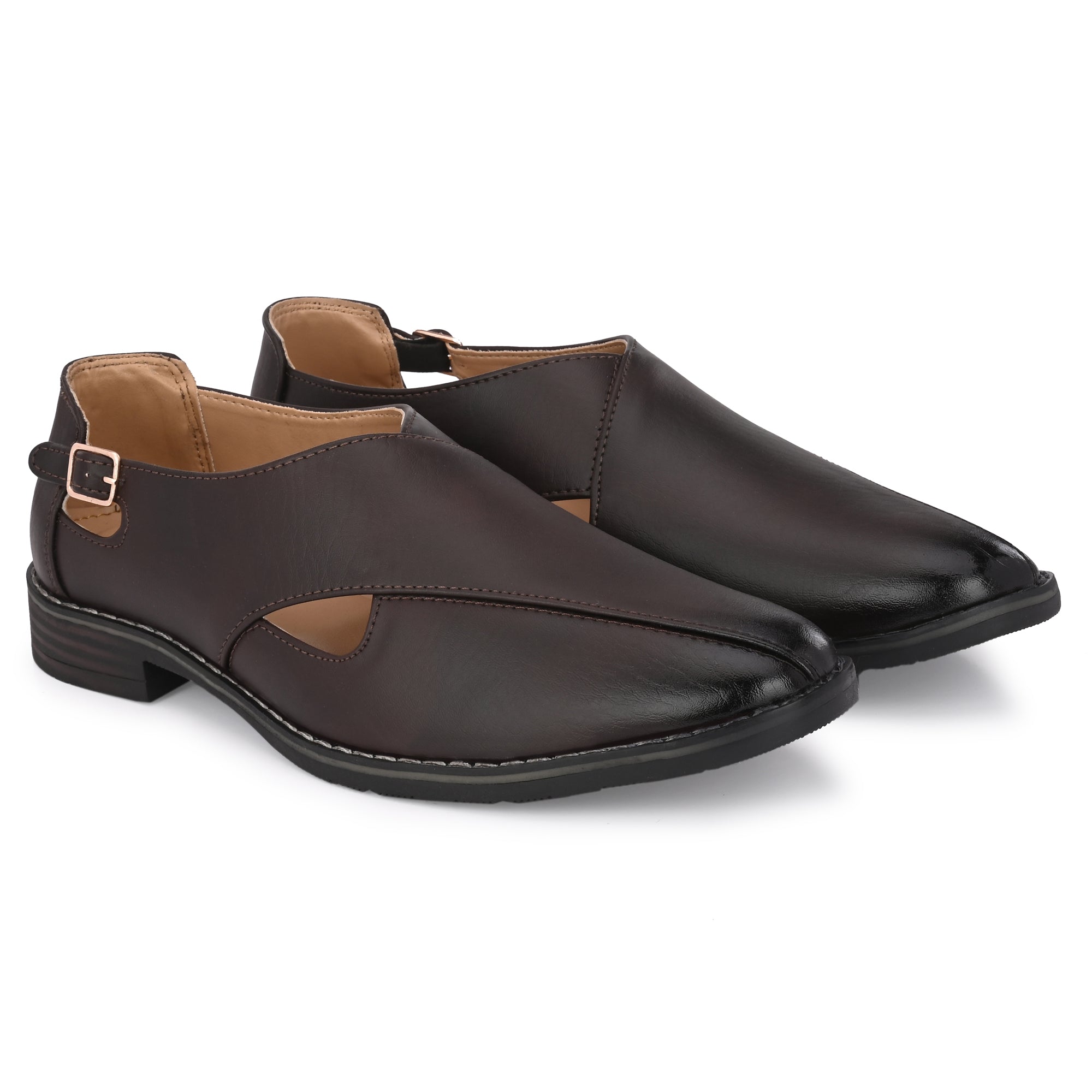 Attitudist Handcrafted Criss Cross Matte Brown Formal Loafer Peshawari Shoes With A Buckle For Men MTOBSF 1694600182965