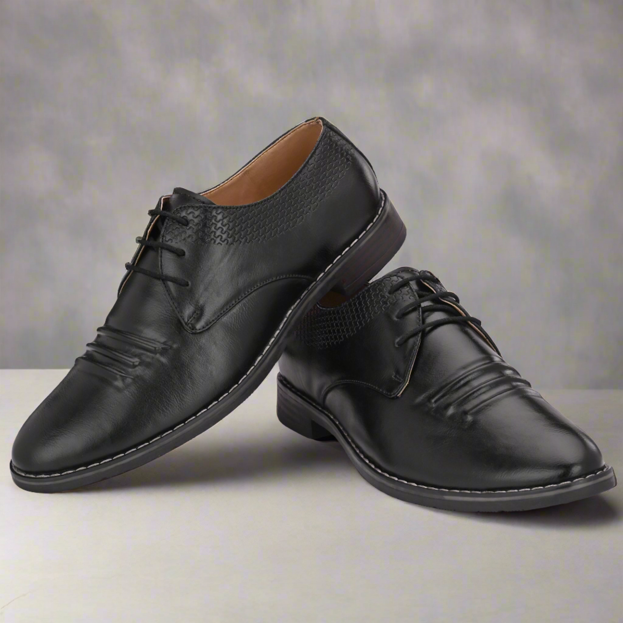 Attitudist Unisex Handcrafted Derby Black Formal Lace-up Shoes With Round Toe And Textured Vamp
