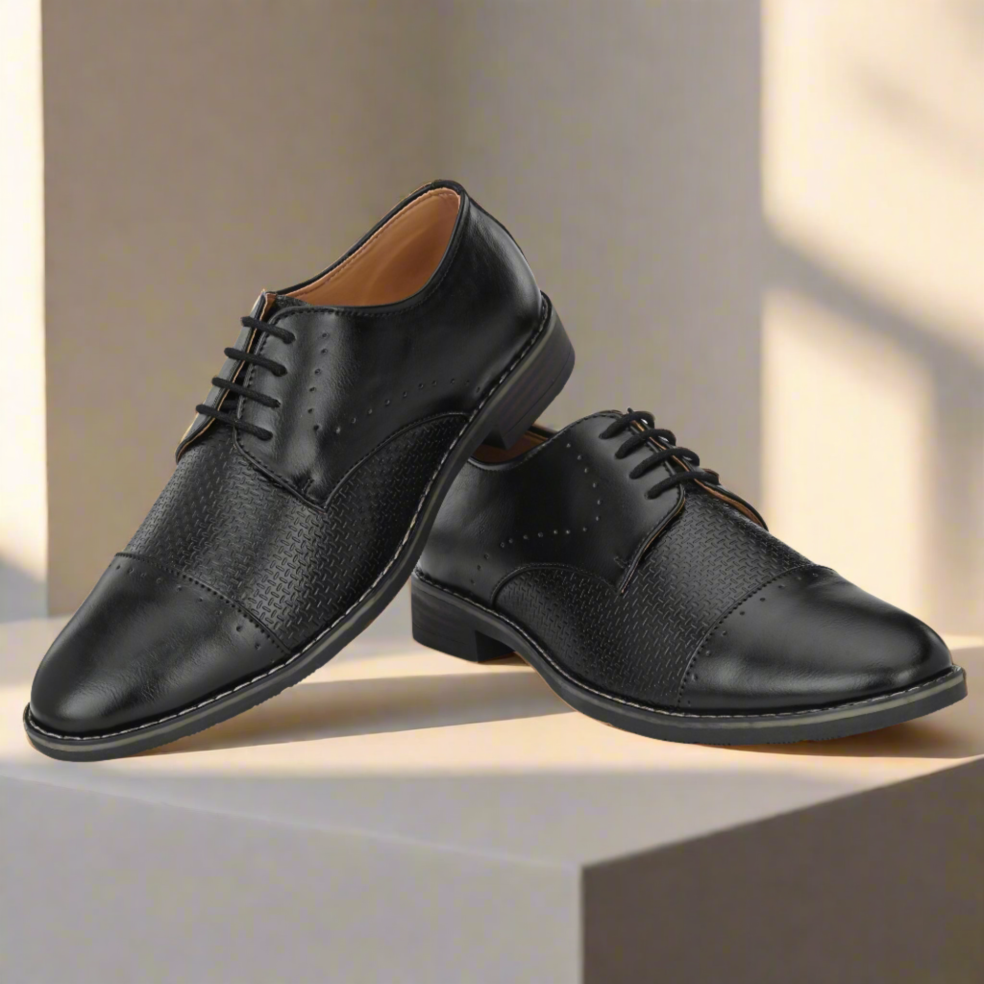 Attitudist Unisex Handcrafted Derby Matte Black Formal Lace-up Shoes With Cap Toe And Textured Design