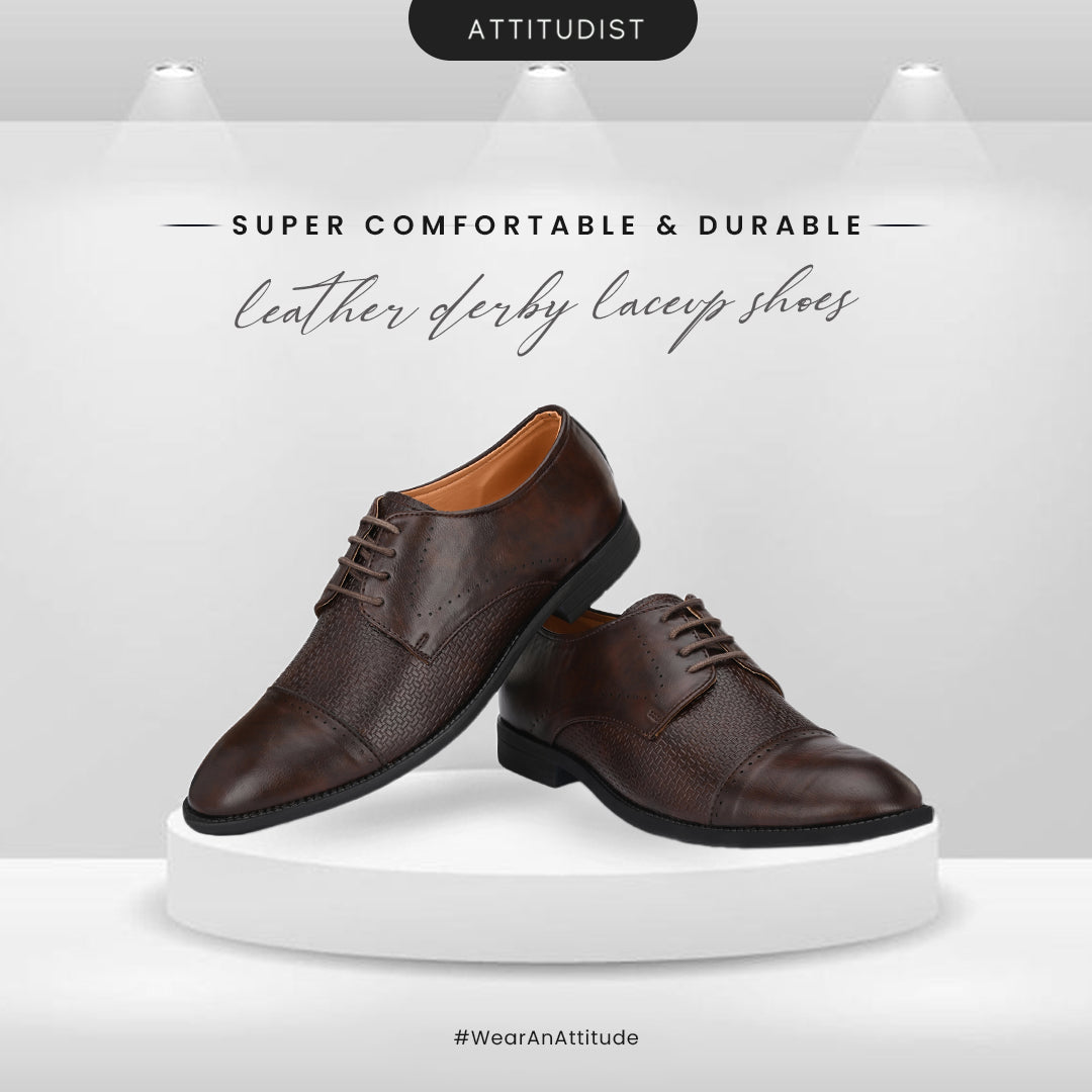 Attitudist Men'S Handcrafted Derby Matte Brown Formal Laceup Shoes With Cap Toe And Textured Design - ATTITUDIST