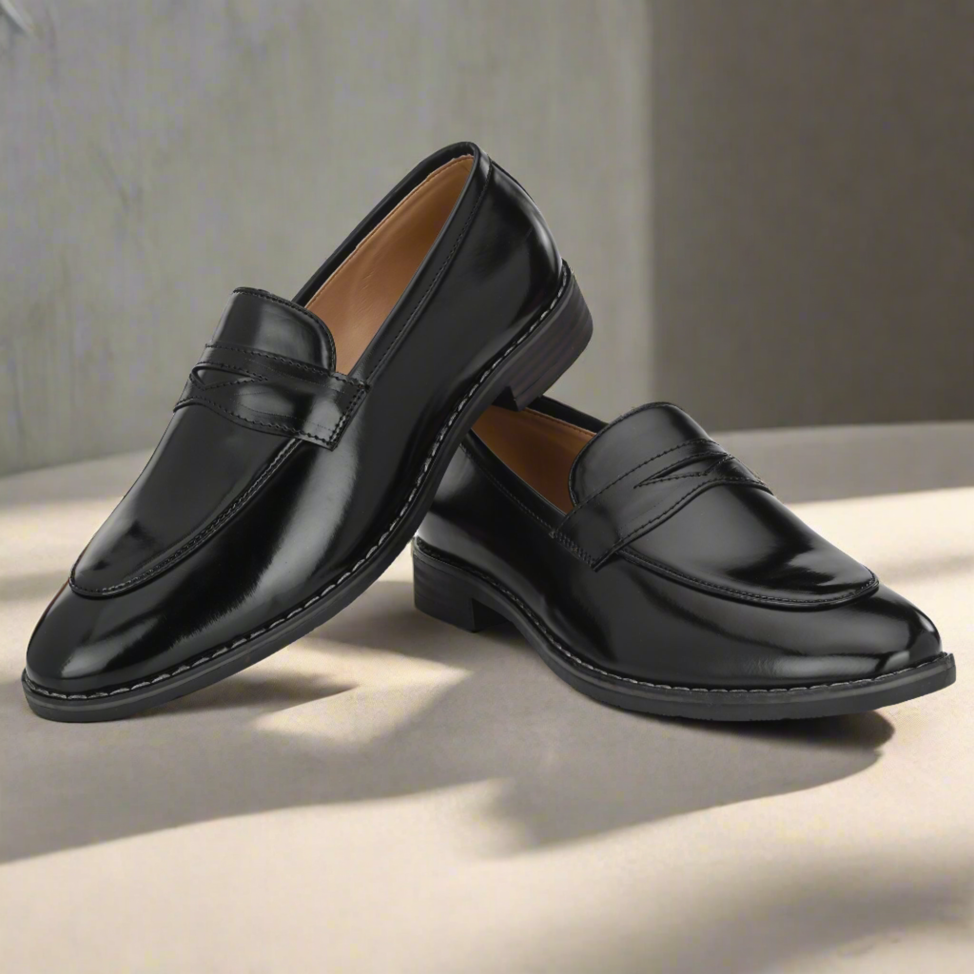 Attitudist Unisex Handcrafted Glossy Black Penny Loafer With Double Stitched Welts