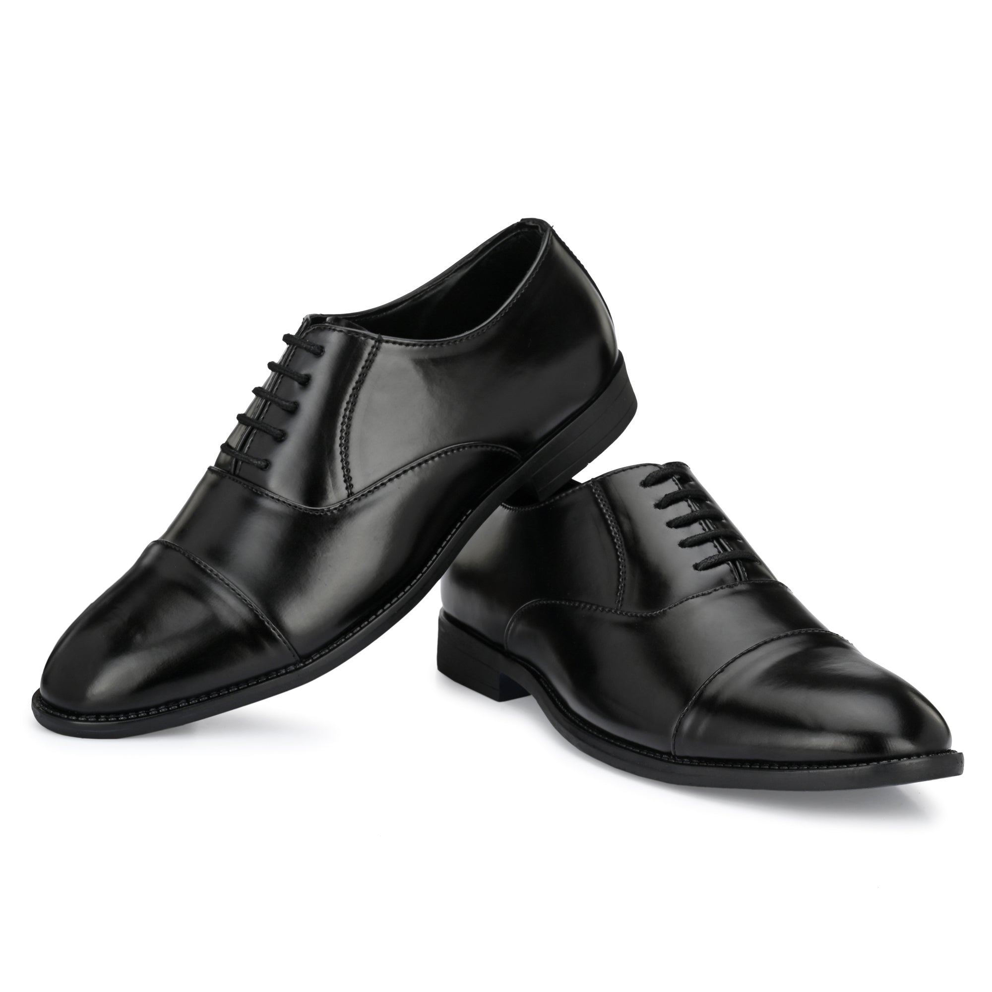 Attitudist Handcrafted Oxford Black Plain Formal Laceup Derby Shoes With Cap Toe For Men MTOBSF