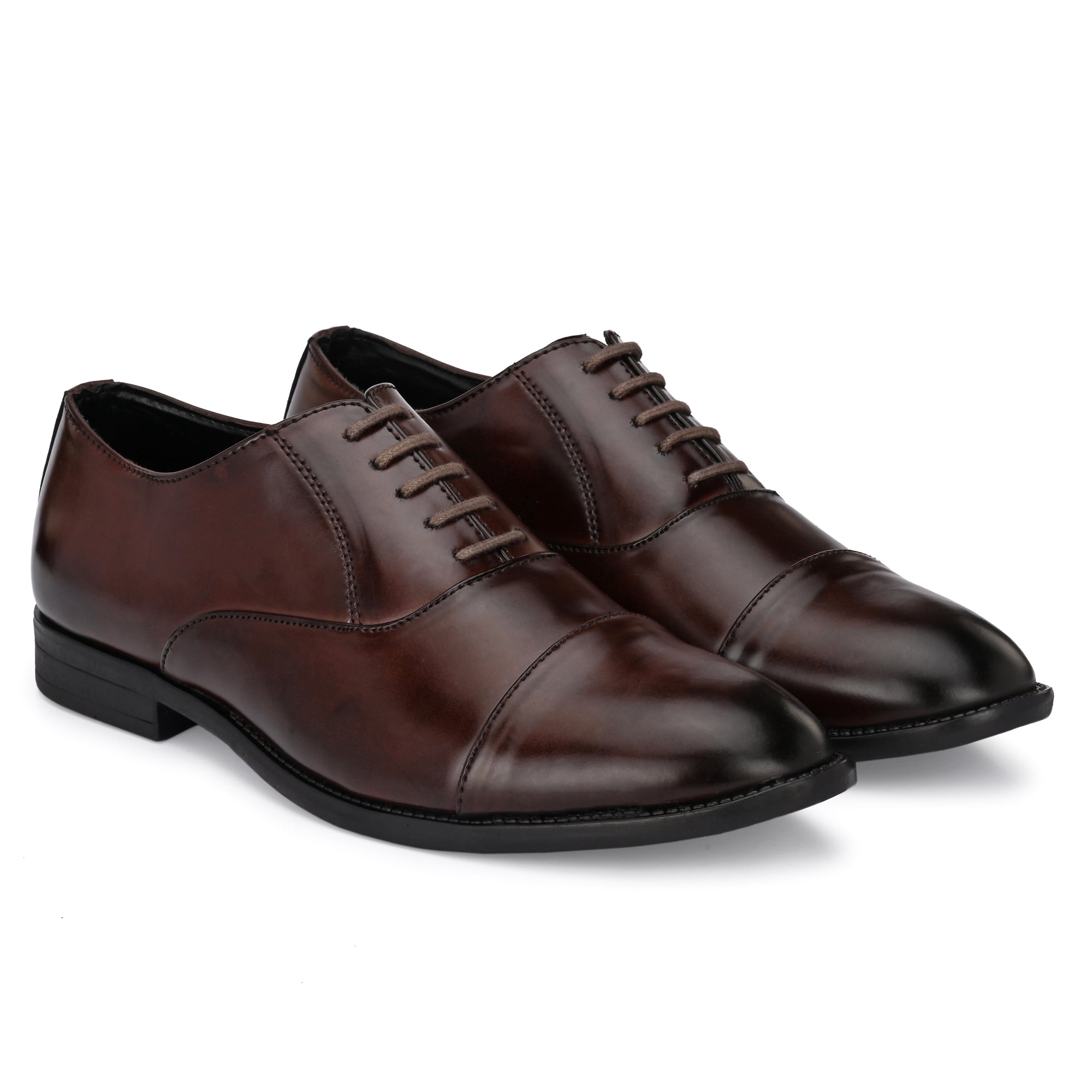 Attitudist Handcrafted Oxford Brown Plain Formal Laceup Derby Shoes With Cap Toe For Men MTOBSF