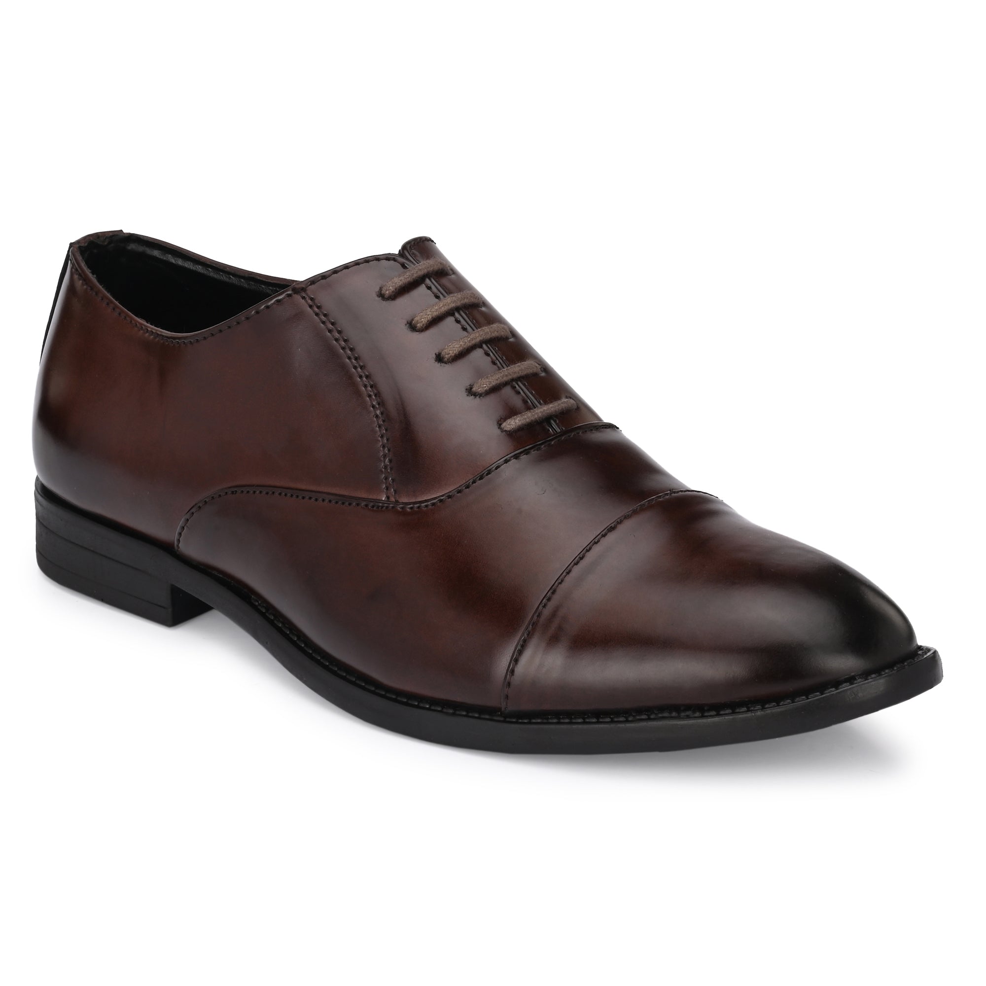 Attitudist Handcrafted Oxford Brown Plain Formal Laceup Derby Shoes With Cap Toe For Men