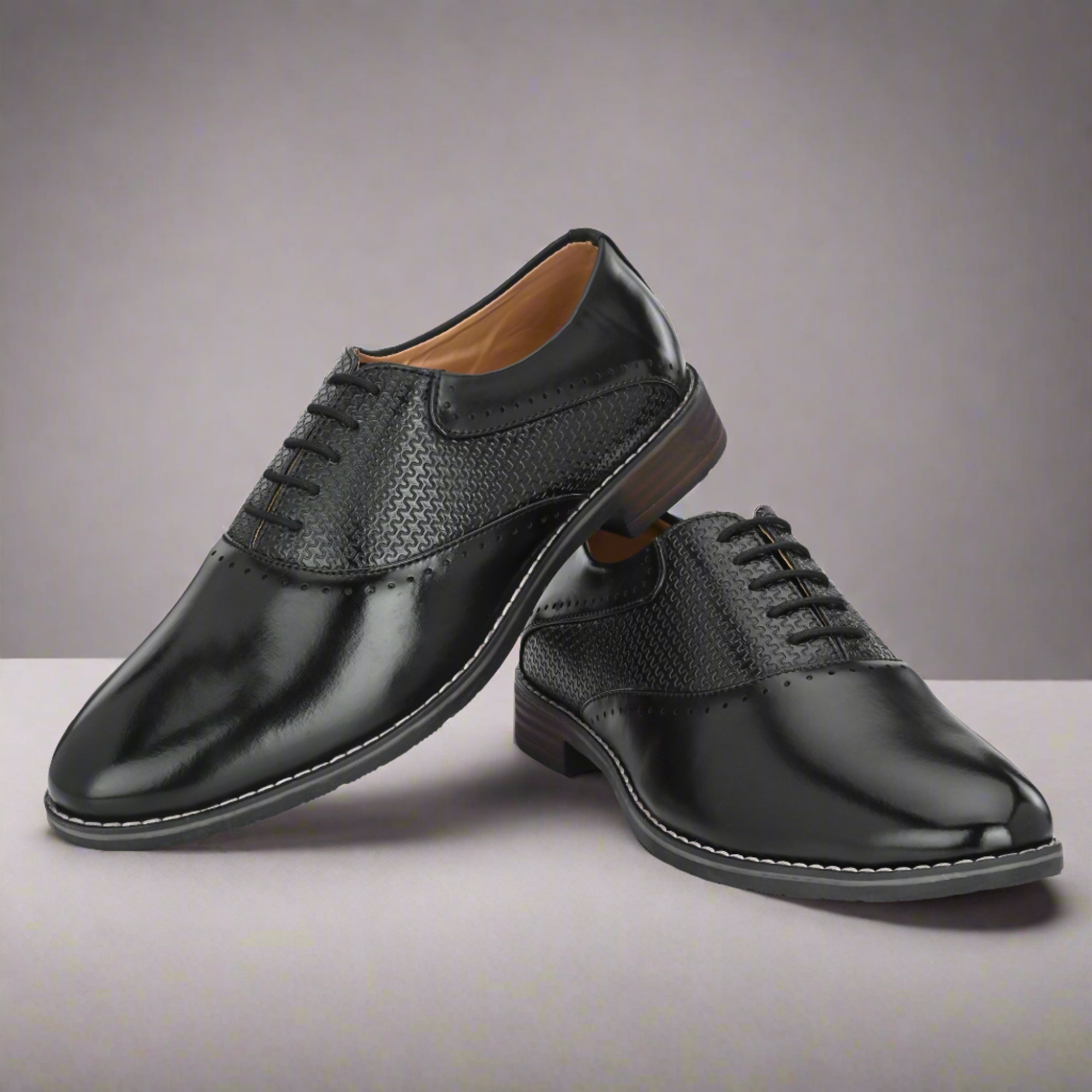 Attitudist Unisex Handcrafted Oxford Gradient Black Formal Laceup Derby Shoes With Semi Chatai Design