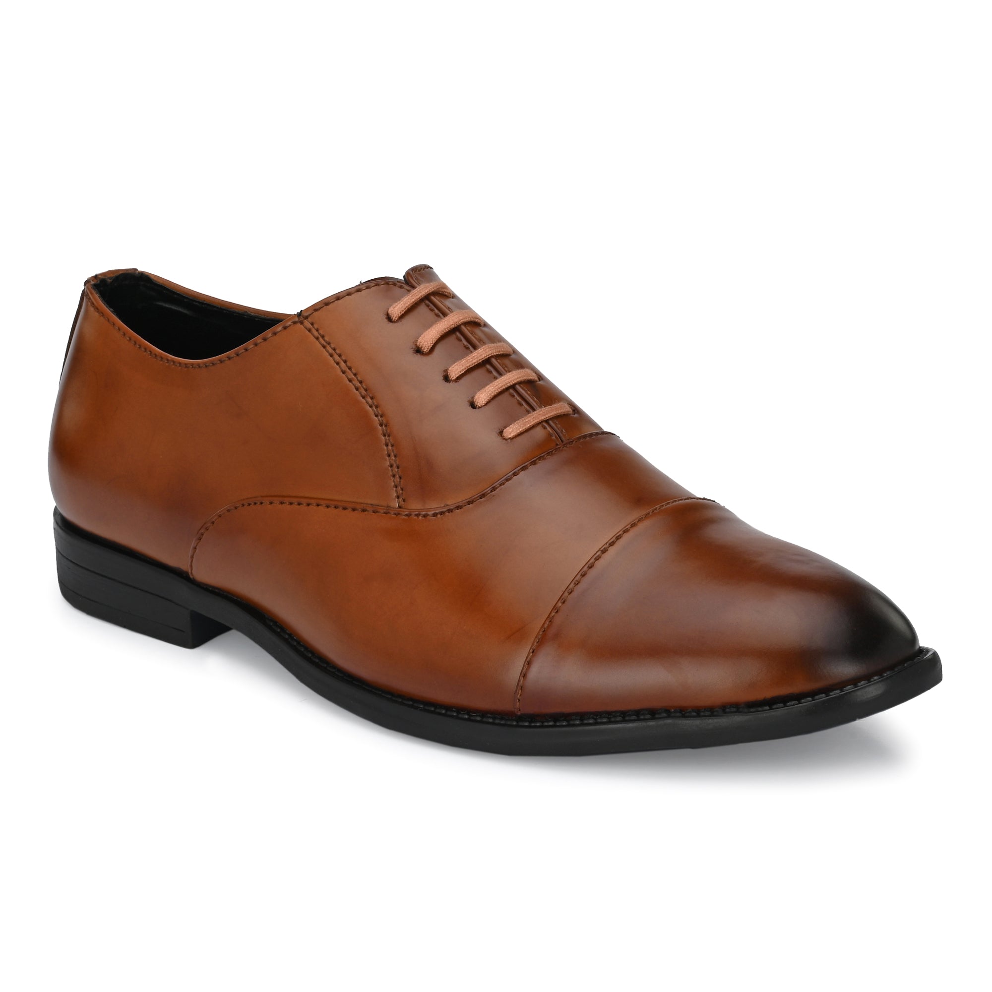 Attitudist Handcrafted Oxford Tan Plain Formal Laceup Derby Shoes With Cap Toe For Men MTOBSF