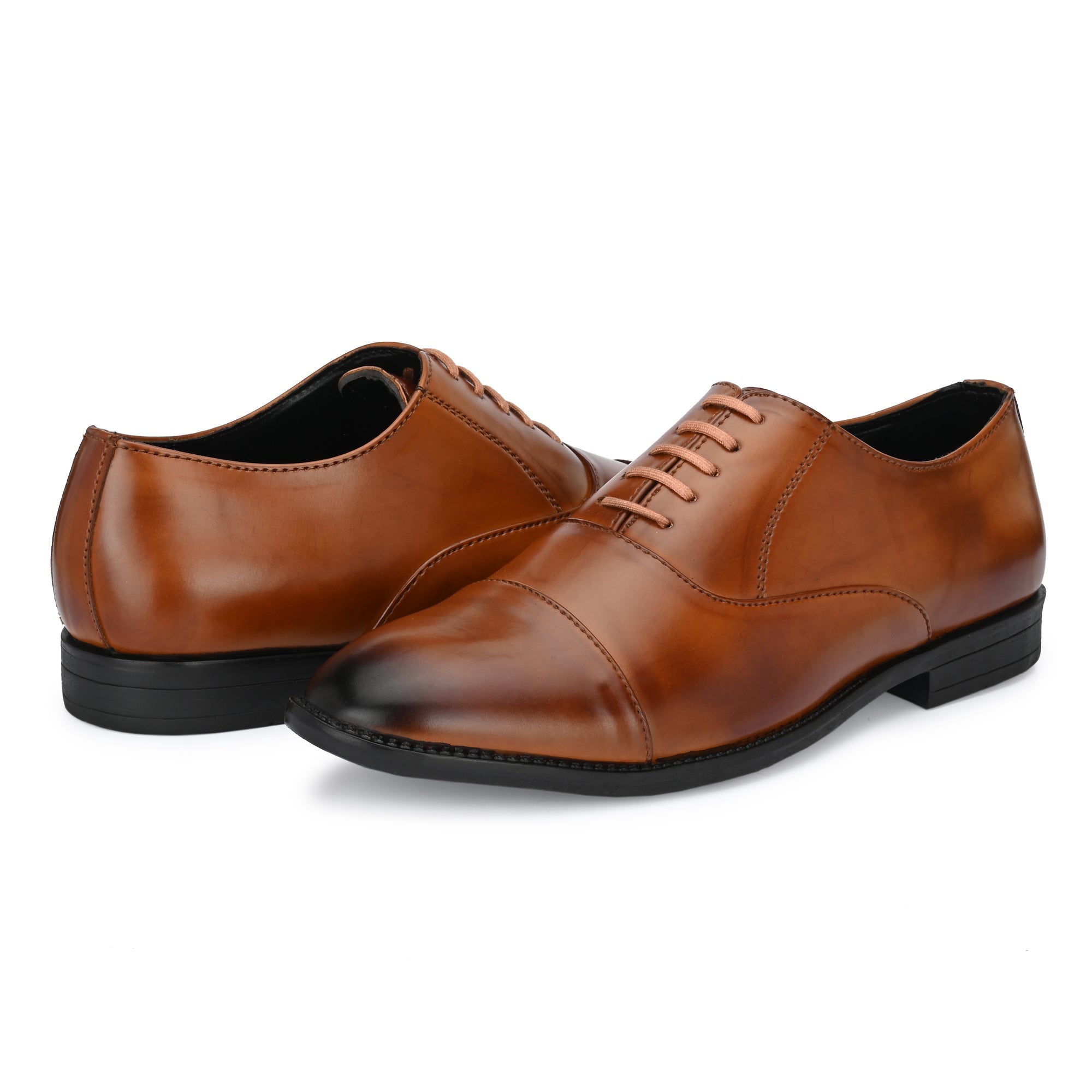 Attitudist Handcrafted Oxford Tan Plain Formal Laceup Derby Shoes With Cap Toe For Men MTOBSF