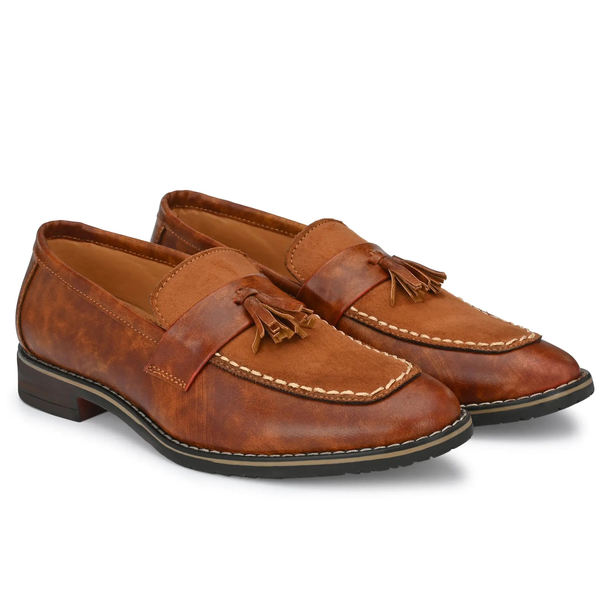 Attitudist Handcrafted Tan Plain Tassel Loafer With Knotted Laces In Mocassin Style For Men MTOBSF