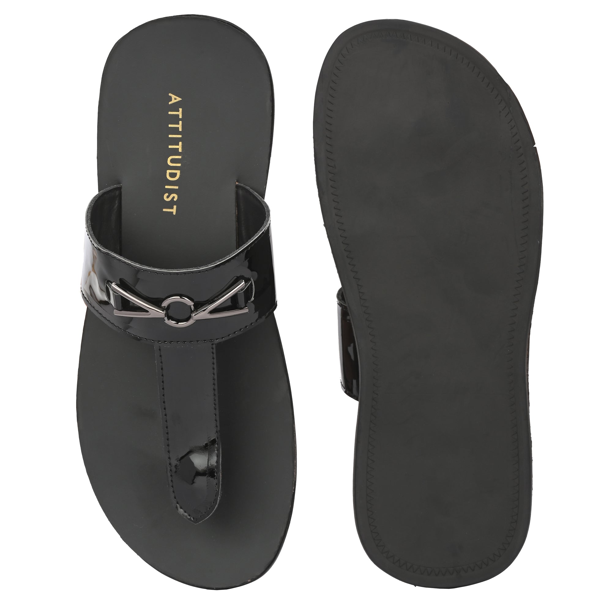 attitudist-glossy-black-kolhapuri-slippers-with-silver-brooch