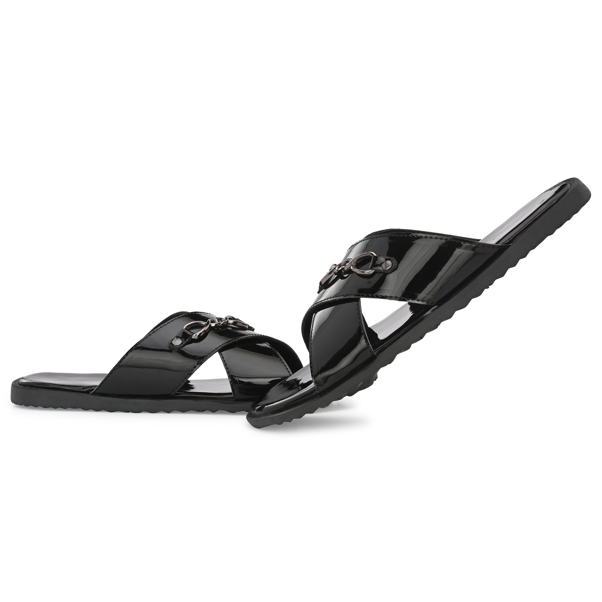 attitudist-glossy-black-cross-over-slippers-for-men-with-silver-brooch
