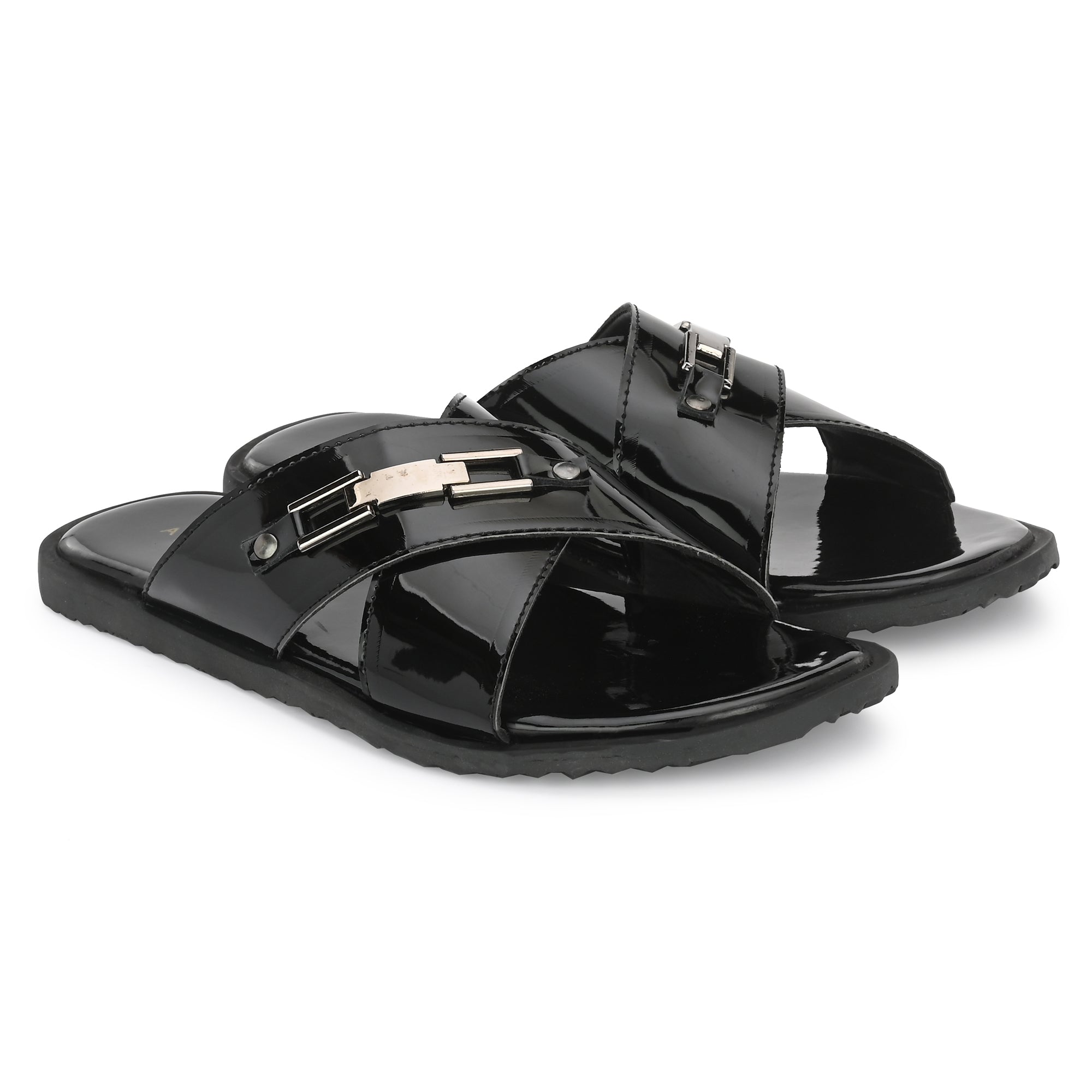 attitudist-glossy-black-cross-over-slippers-for-men-with-silver-brooch-1