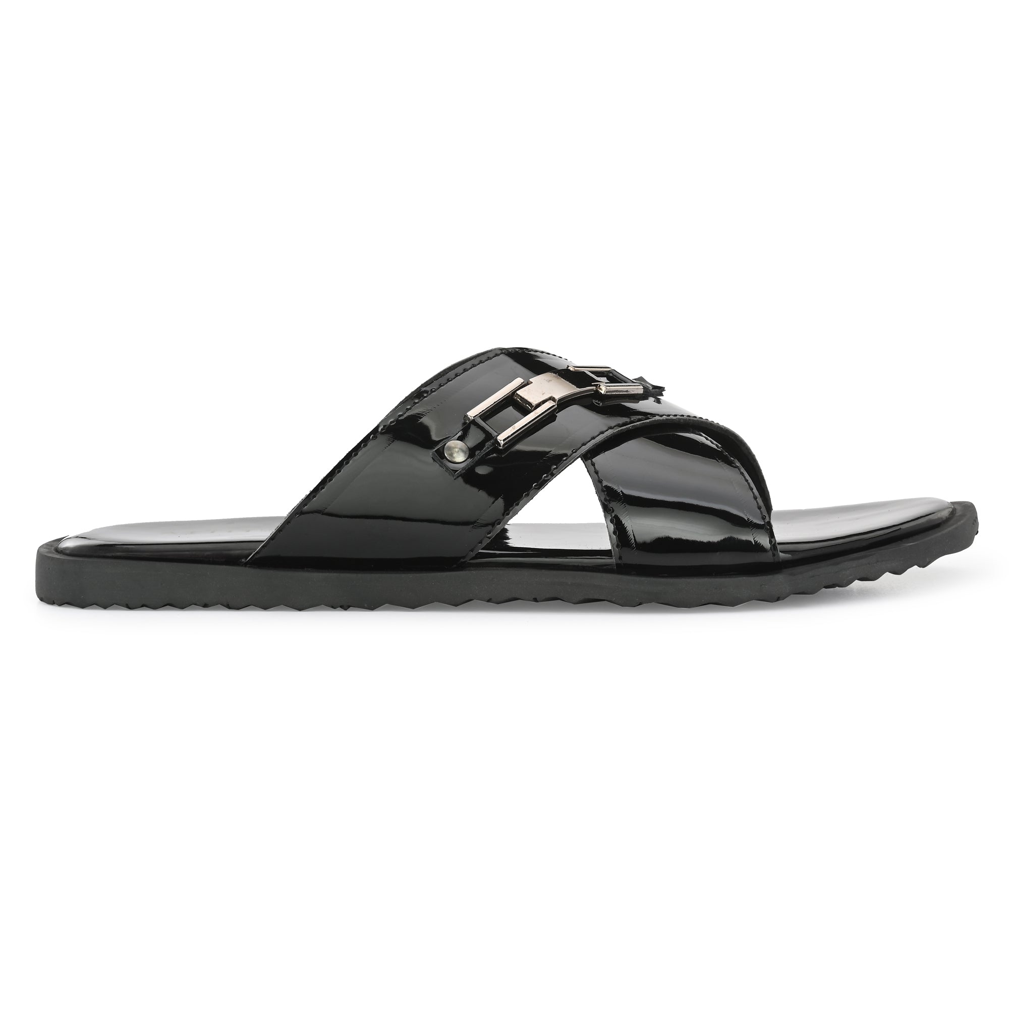 attitudist-glossy-black-cross-over-slippers-for-men-with-silver-brooch-1