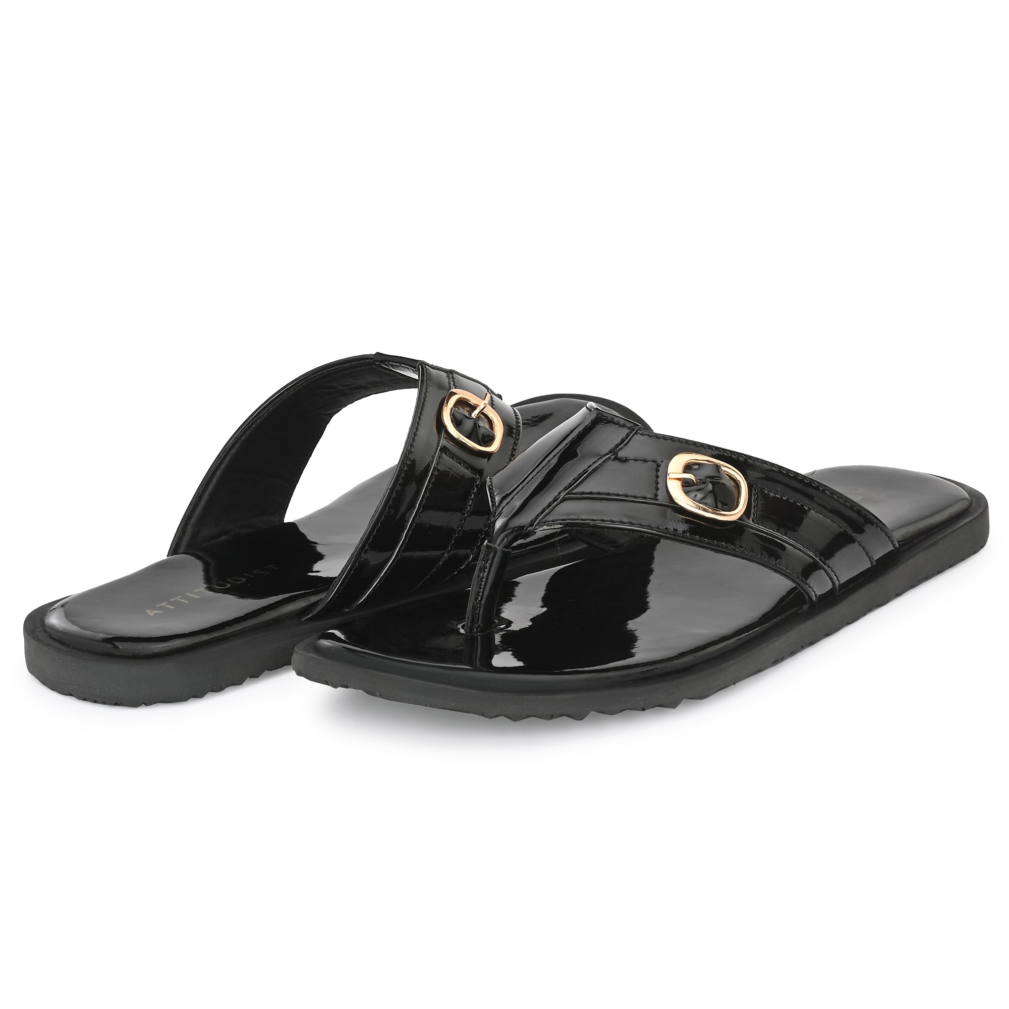 attitudist-glossy-black-double-stitched-strap-thong-slippers-for-men-with-golden-buckle
