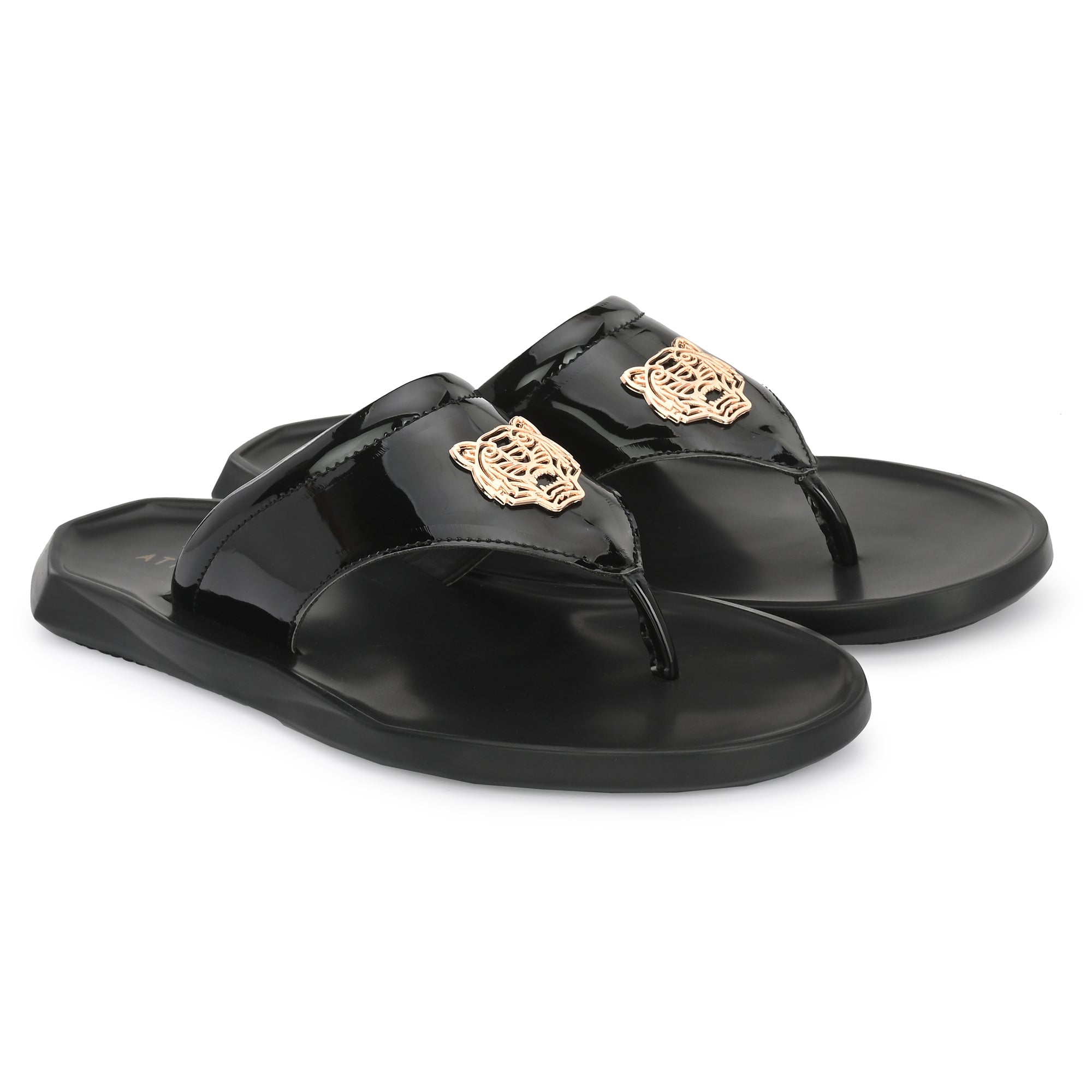 attitudist-glossy-black-thong-slippers-for-men-with-tiger-brooch