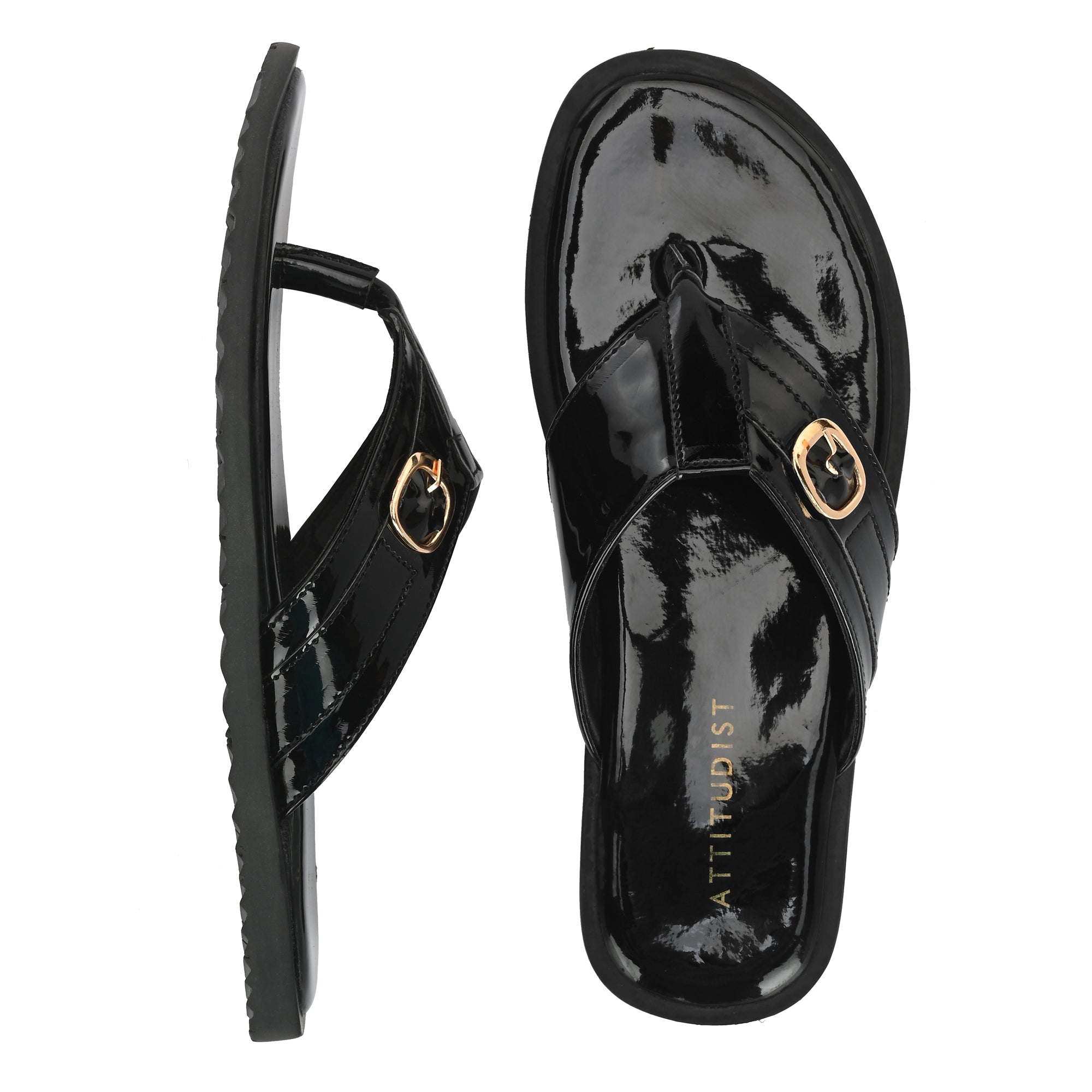 attitudist-glossy-black-double-stitched-strap-thong-slippers-for-men-with-golden-buckle