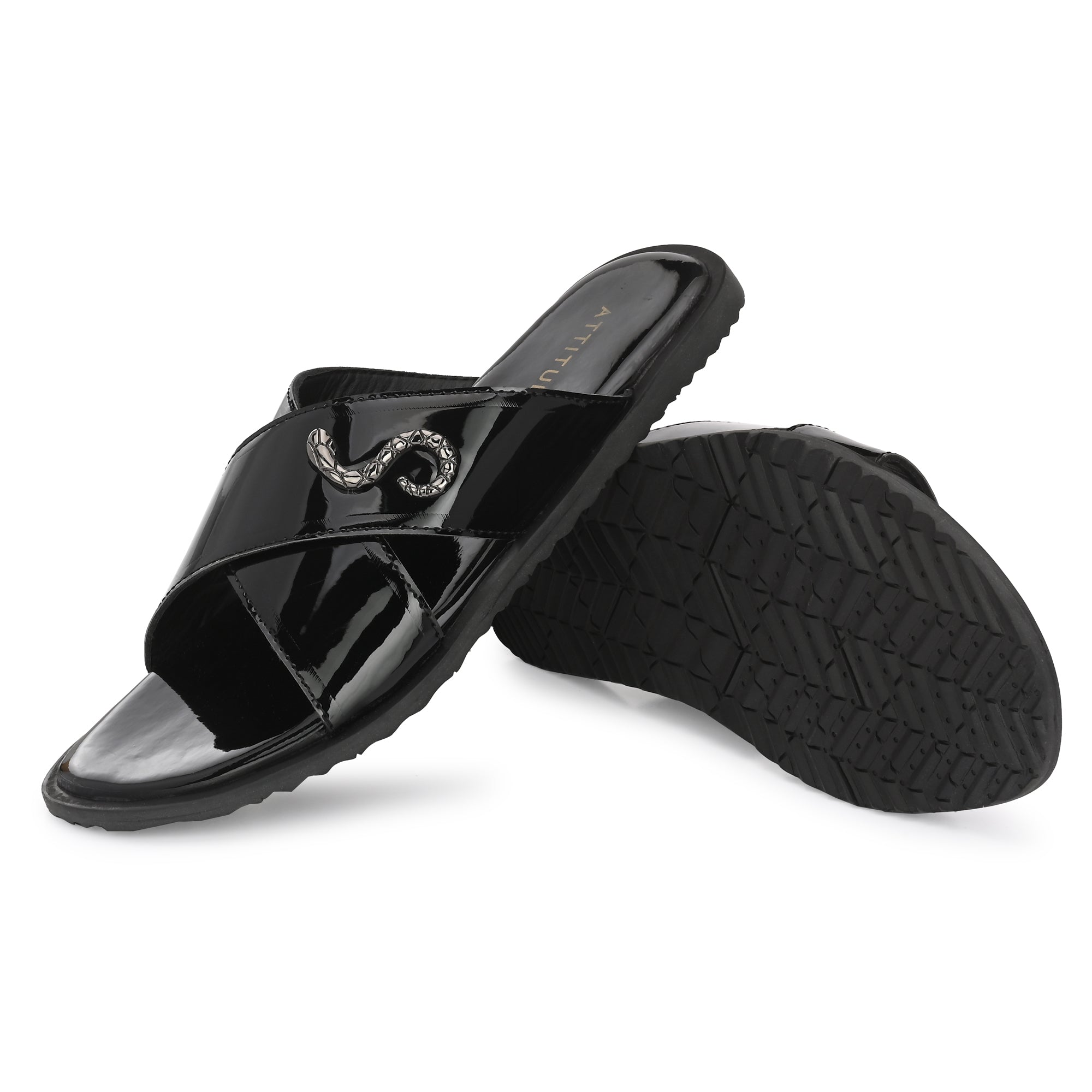attitudist-glossy-black-cross-over-slippers-for-men-silver-side-brooch