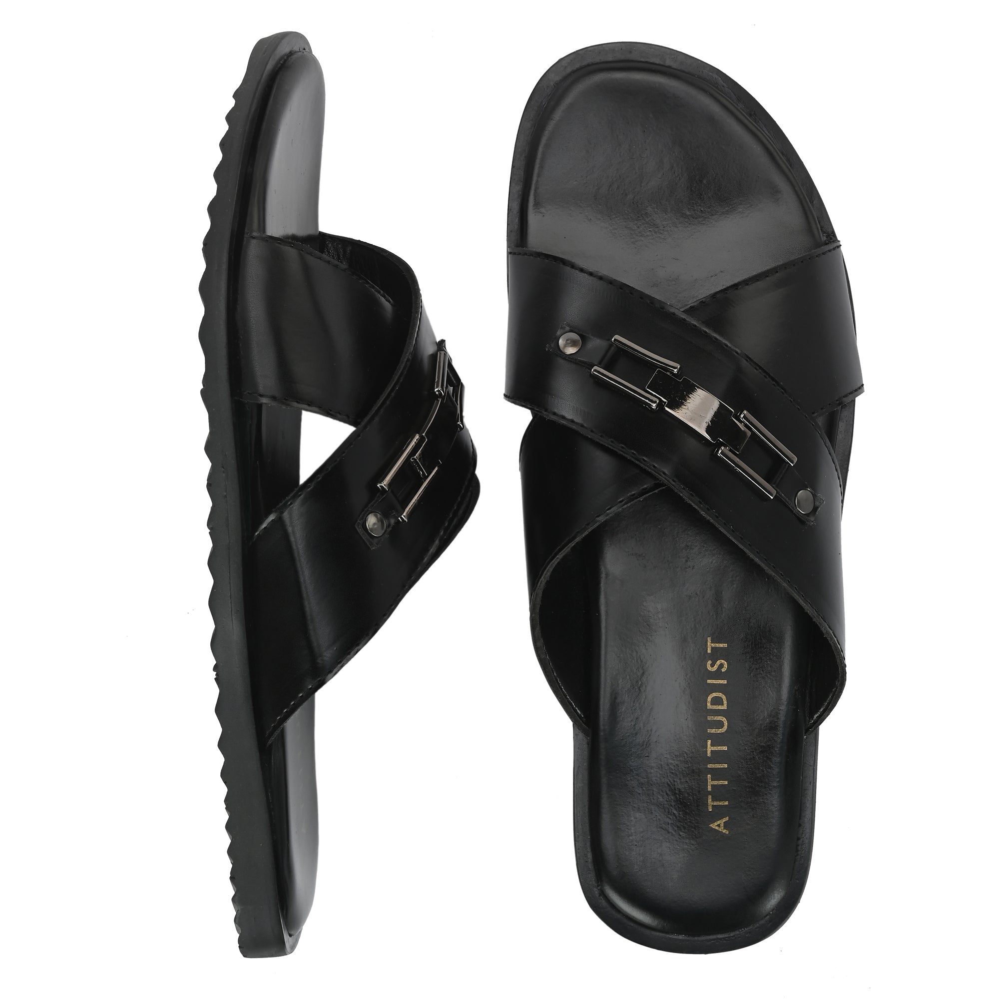 attitudist-black-cross-over-slippers-for-men-with-silver-brooch-1