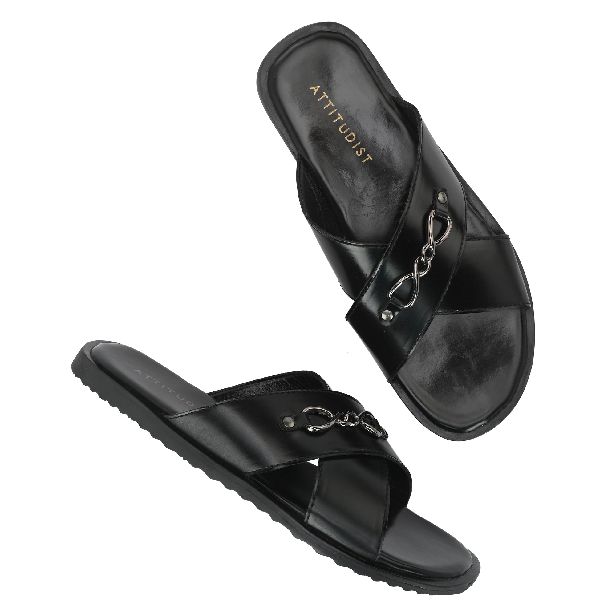 attitudist-black-cross-over-slippers-for-men-with-silver-brooch