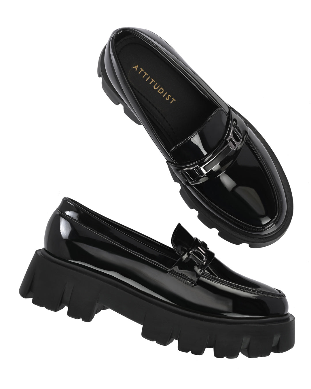Attitudist Black Super Glossy Horsbit High Heel Slip-On Shoes For Men