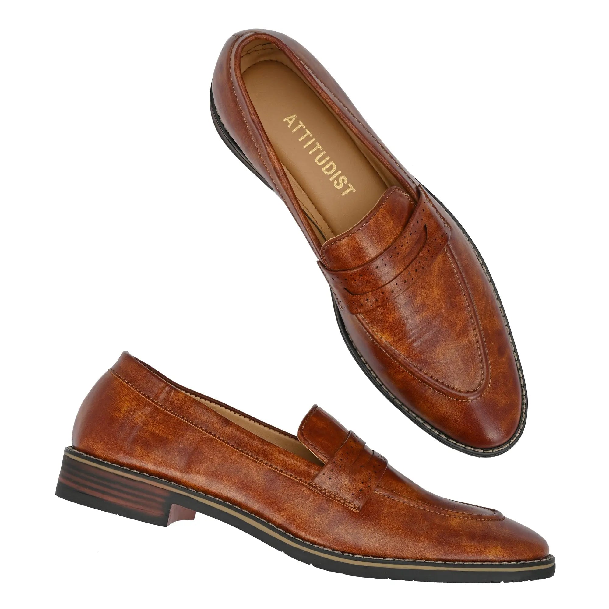 Attitudist Handcrafted Tan Plain Penny Slip On Round Toe Basket Loafer With Double Stitched Welts For Men MTOBSF