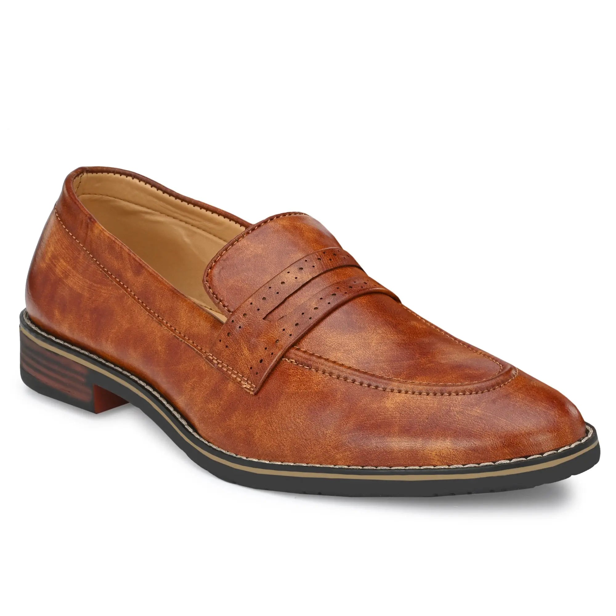 Attitudist Handcrafted Tan Plain Penny Slip On Round Toe Basket Loafer With Double Stitched Welts For Men MTOBSF